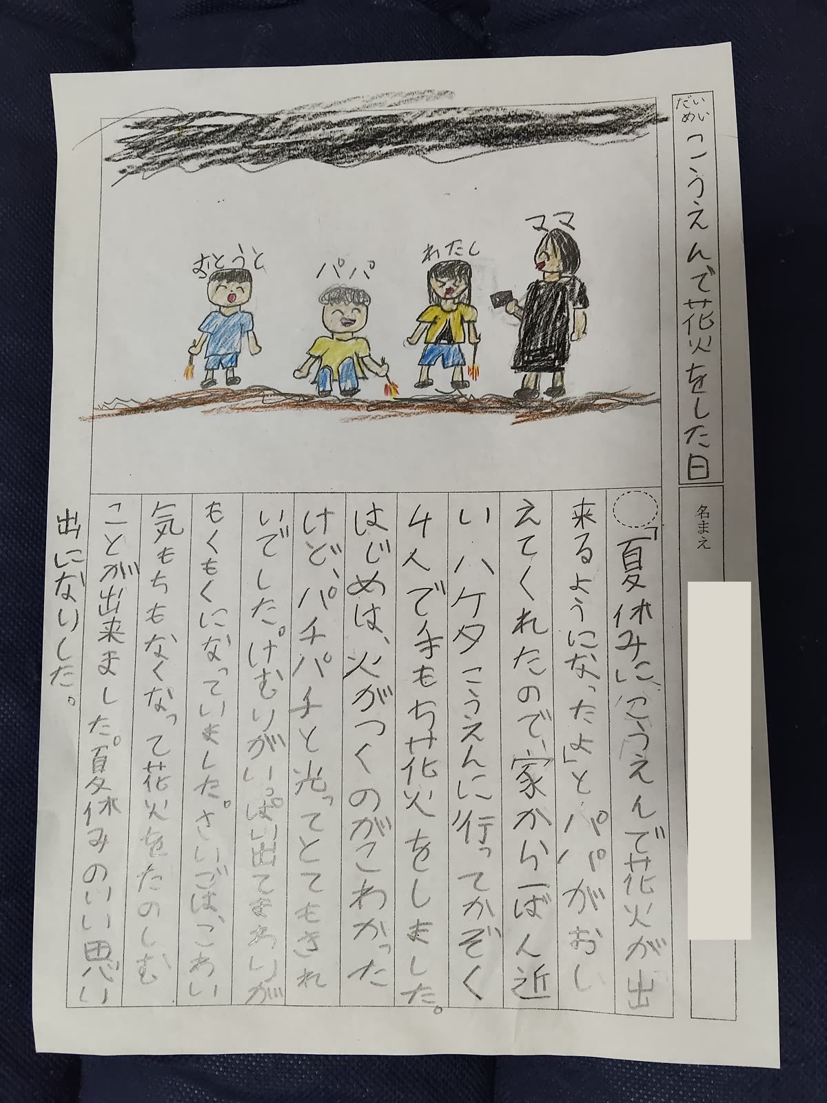 「こうえんで花火をした日」と題した小学生の絵日記